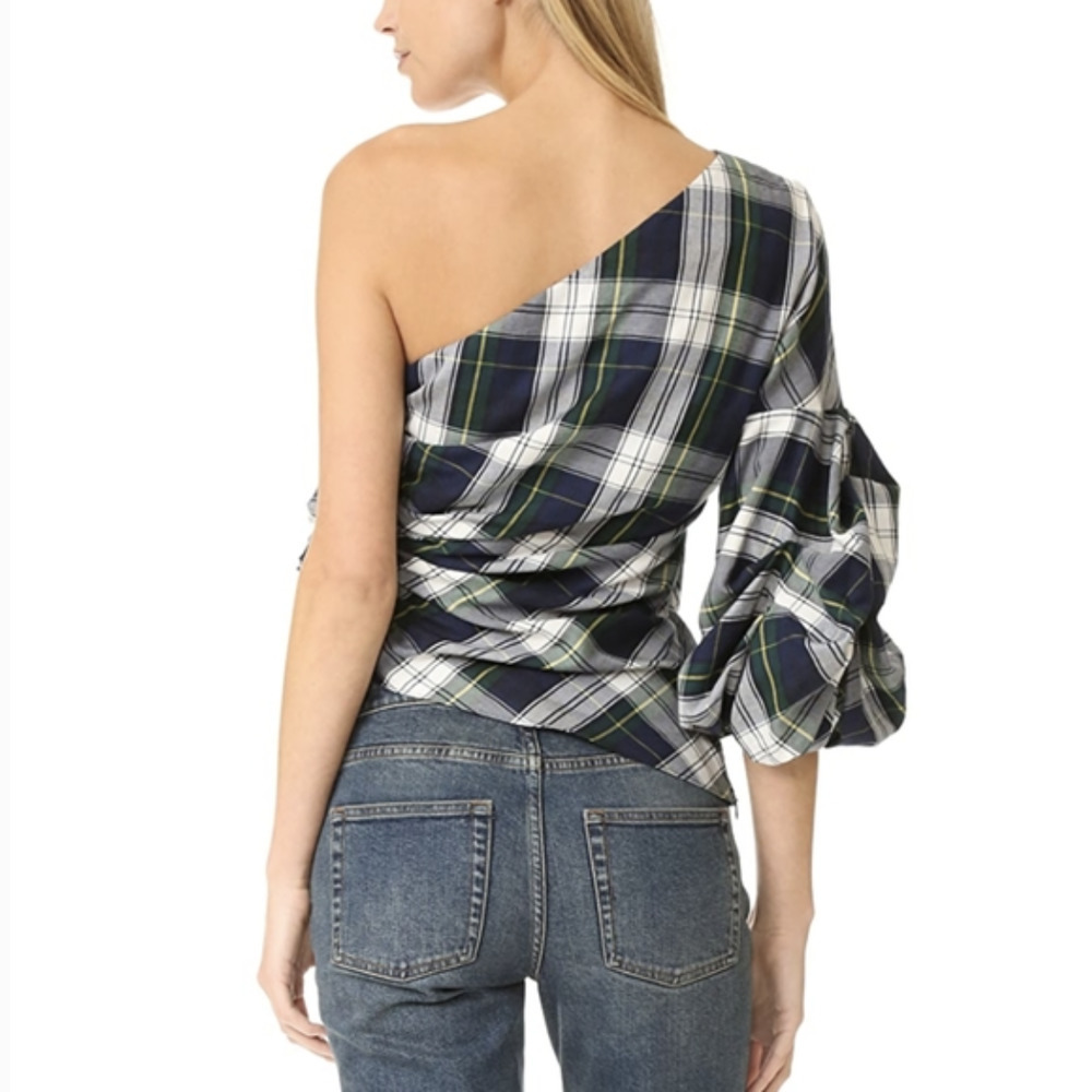 Petersyn Blue Green Plaid One Shoulder Ruffle Puff Sleeve Top - Picture 2 of 8